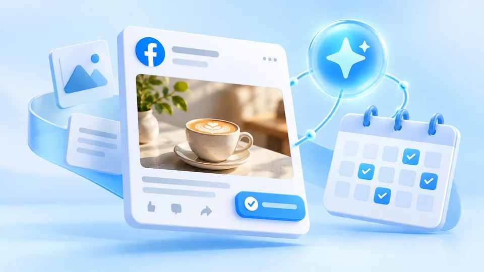 Minh họa AI tự động đăng tin Facebook với bài đăng, lịch nội dung và dấu xác nhận