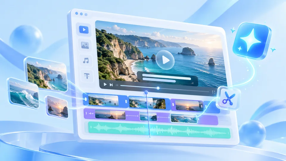 Minh họa AI tự động chỉnh sửa video với màn hình xem trước, timeline, cắt ghép và sóng âm thanh